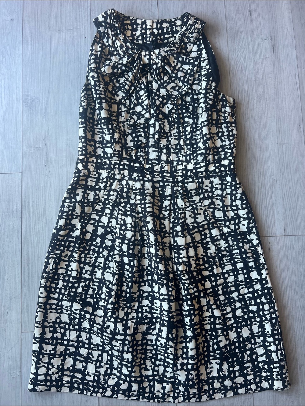 Sleeveless Black and Cream Patterned A-Line Dress